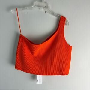 House of Harlow One Shoulder Asymmetrical Ribbed Cropped Top Orange Large